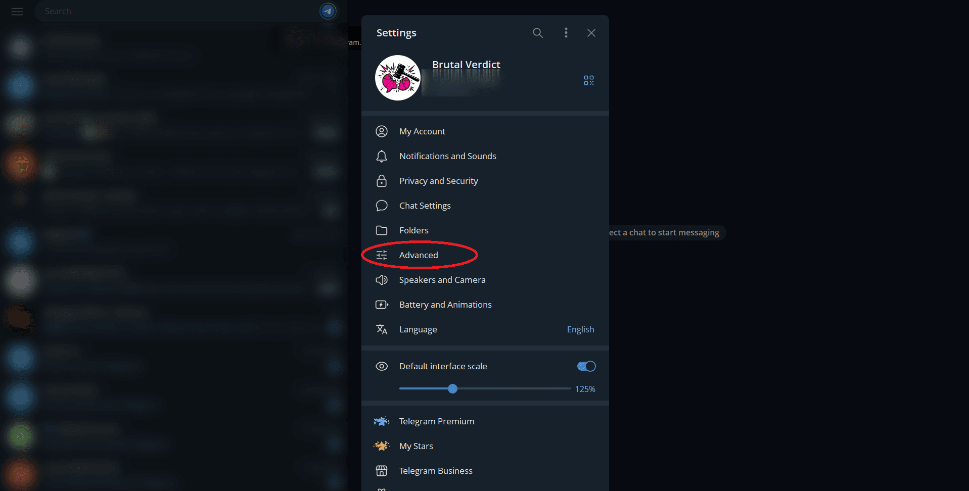 Telegram Desktop: Choose Advanced
