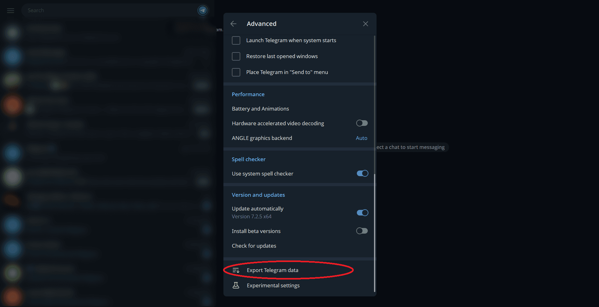 Telegram Desktop: Select Export Telegram data