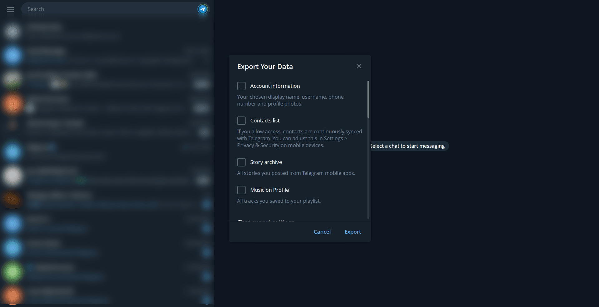Telegram Desktop: Leave unrelated information unchecked