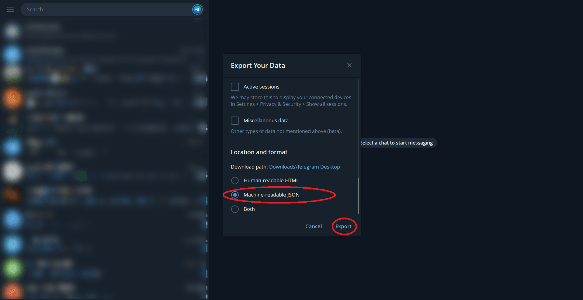 Telegram Desktop: Choose Machine-readable JSON and export