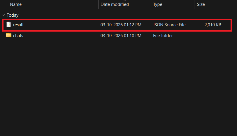 Windows File Explorer: result JSON Source File highlighted above the chats folder